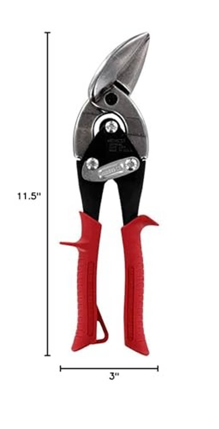 Measured view of left-cut offset aviation snips with red handles and steel blades