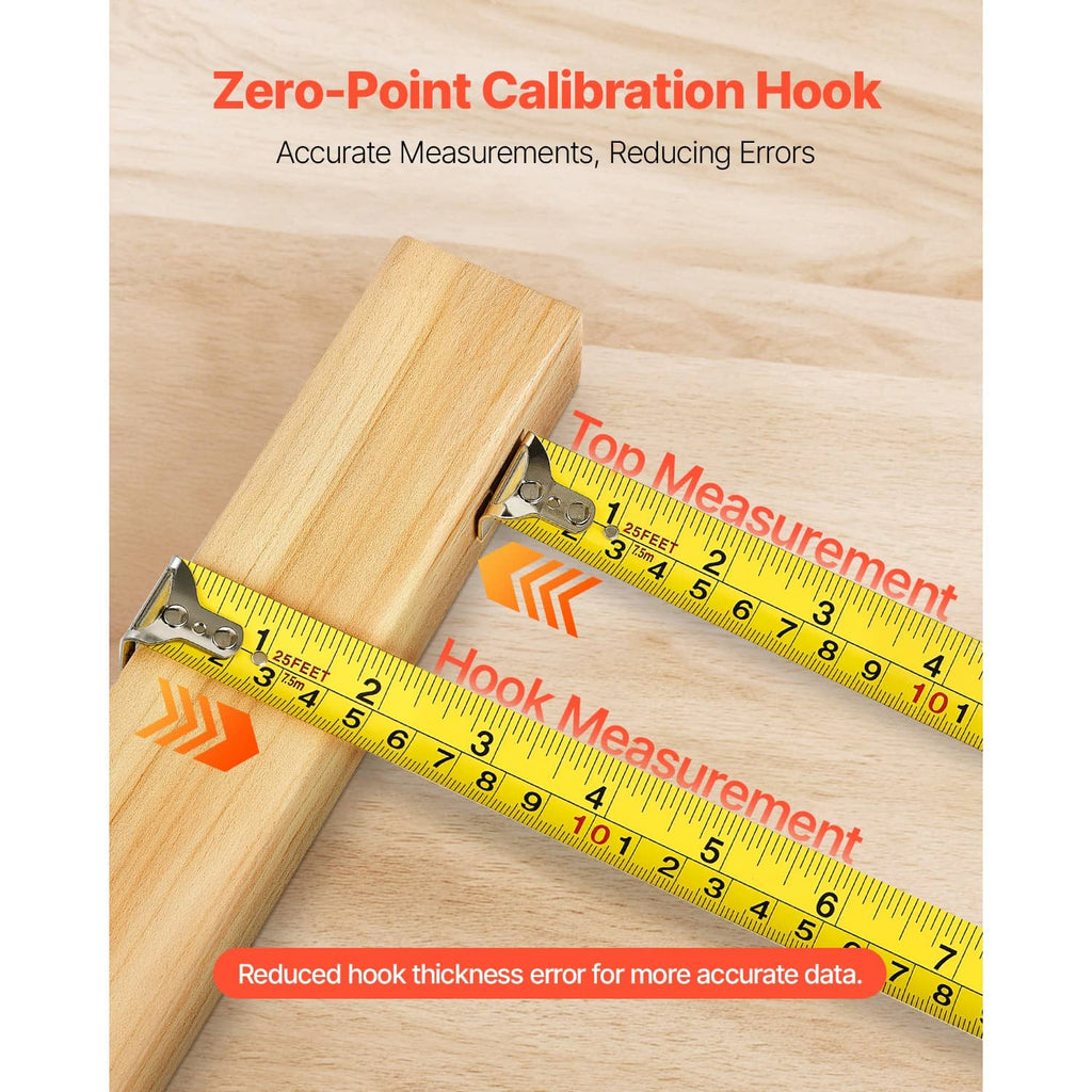 Retractable tape measure hook on wood with yellow tape for accurate edge measuring.
