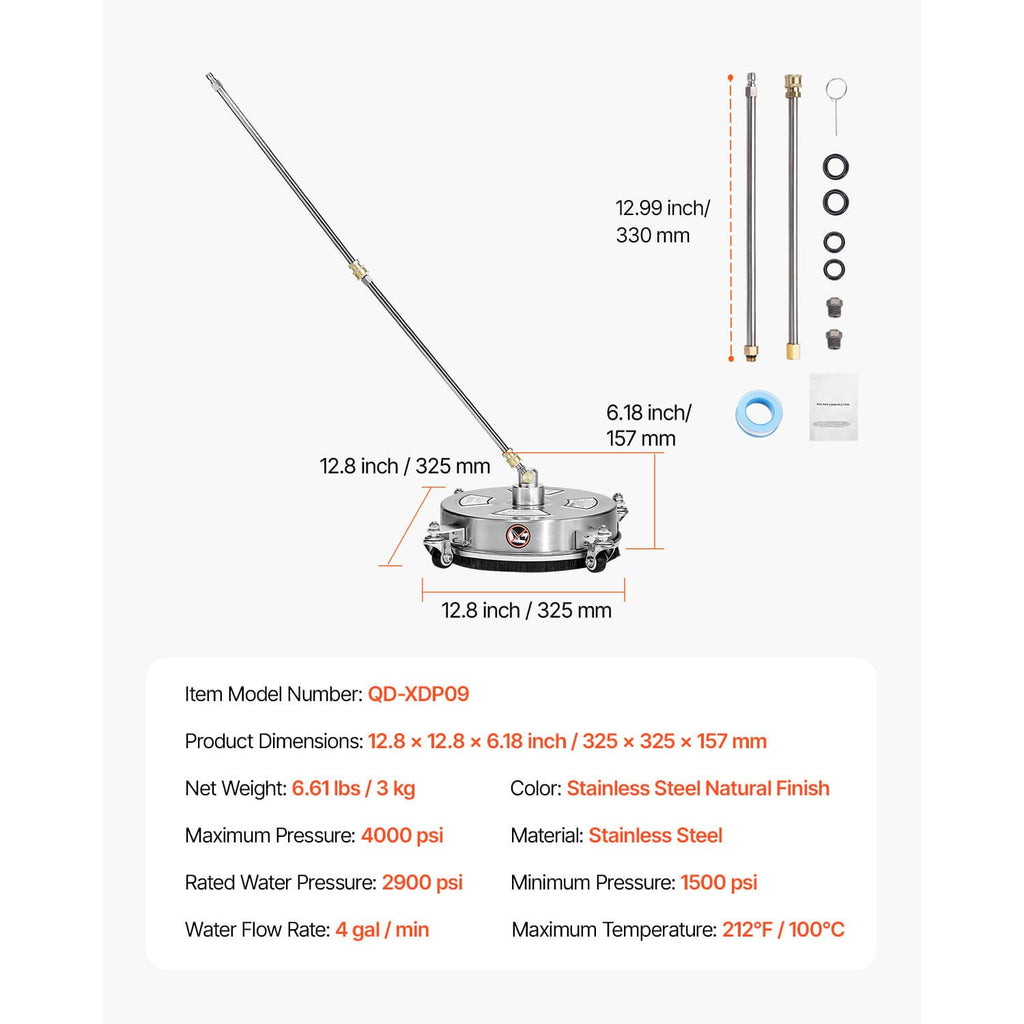 Pressure washer surface cleaner with wand and measured dimensions, plus included fittings