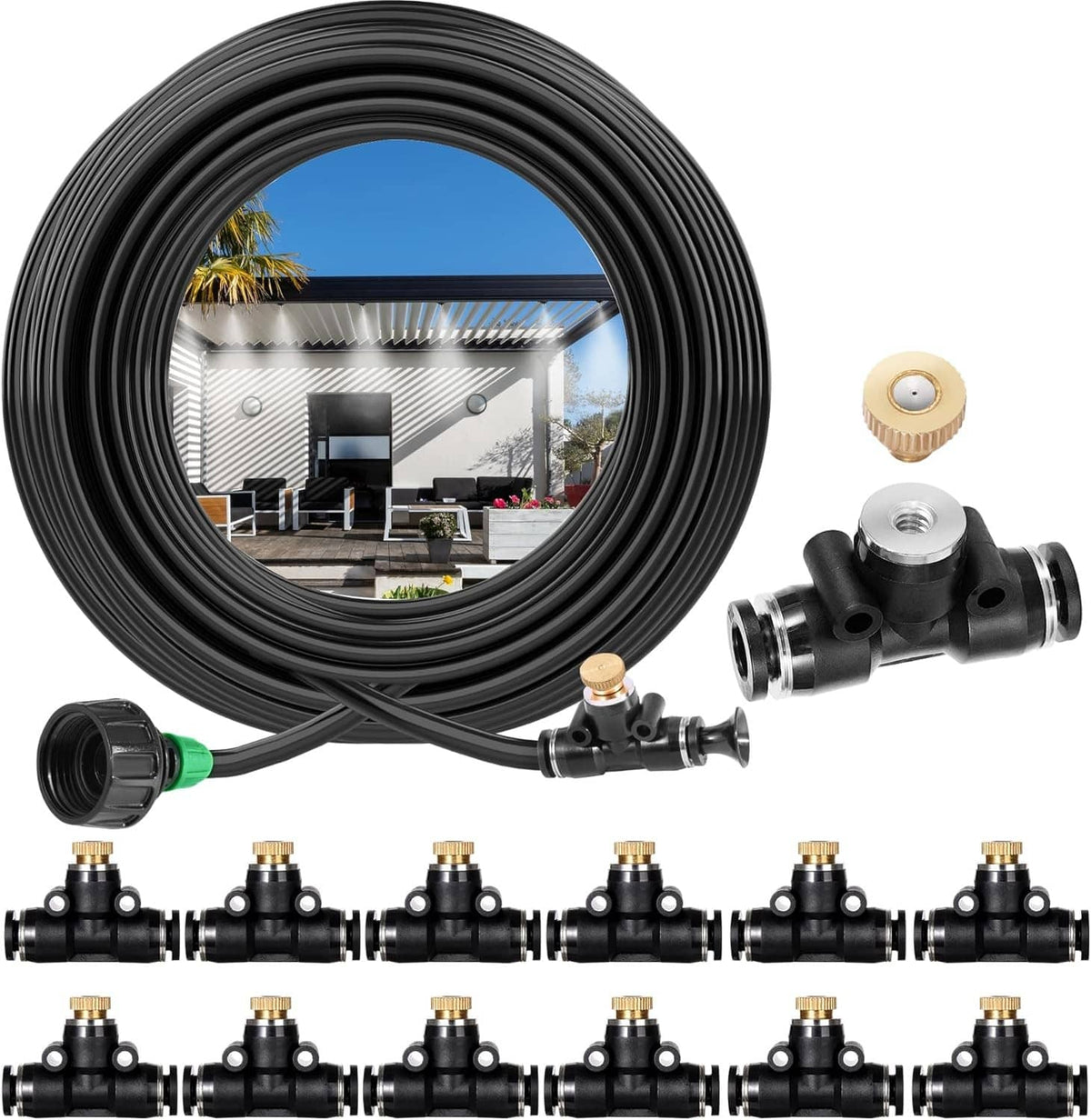 Outdoor misting system hose kit with black tubing, brass nozzles, and green adapters