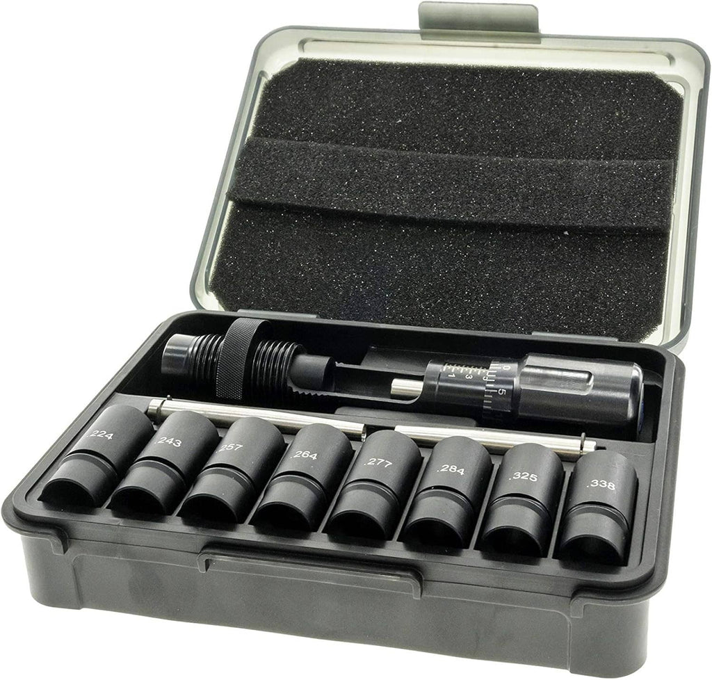 Bullet seating die set, open case with micrometer stem and numbered caliber dies