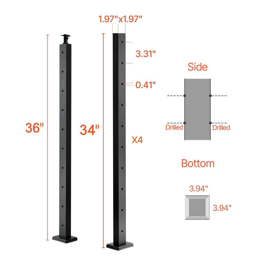 Black cable railing post profile with drilled holes and base section