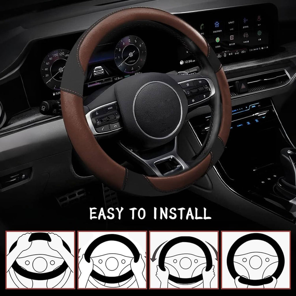 Brown leather-look steering wheel cover on dashboard wheel, contrast stitching around rim