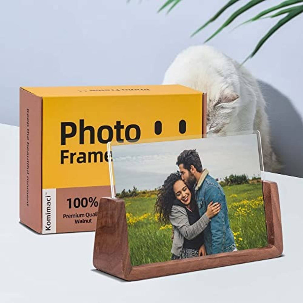 4x6 wooden photo frame with clear acrylic front and rustic brown U-shaped base