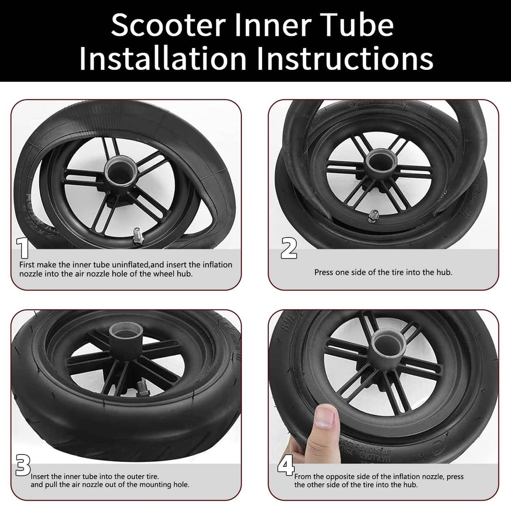 Black scooter inner tube installation steps on a wheel rim