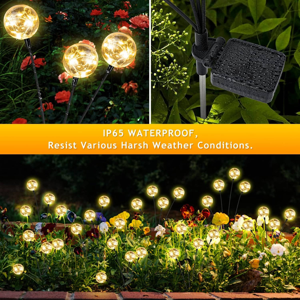 Waterproof solar globe lights with black battery box and black stakes, warm white