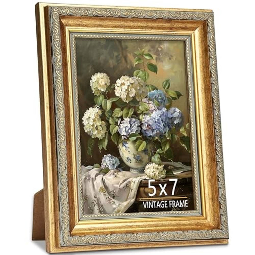 Ornate vintage gold 5x7 picture frame with HD glass, floral still-life artwork
