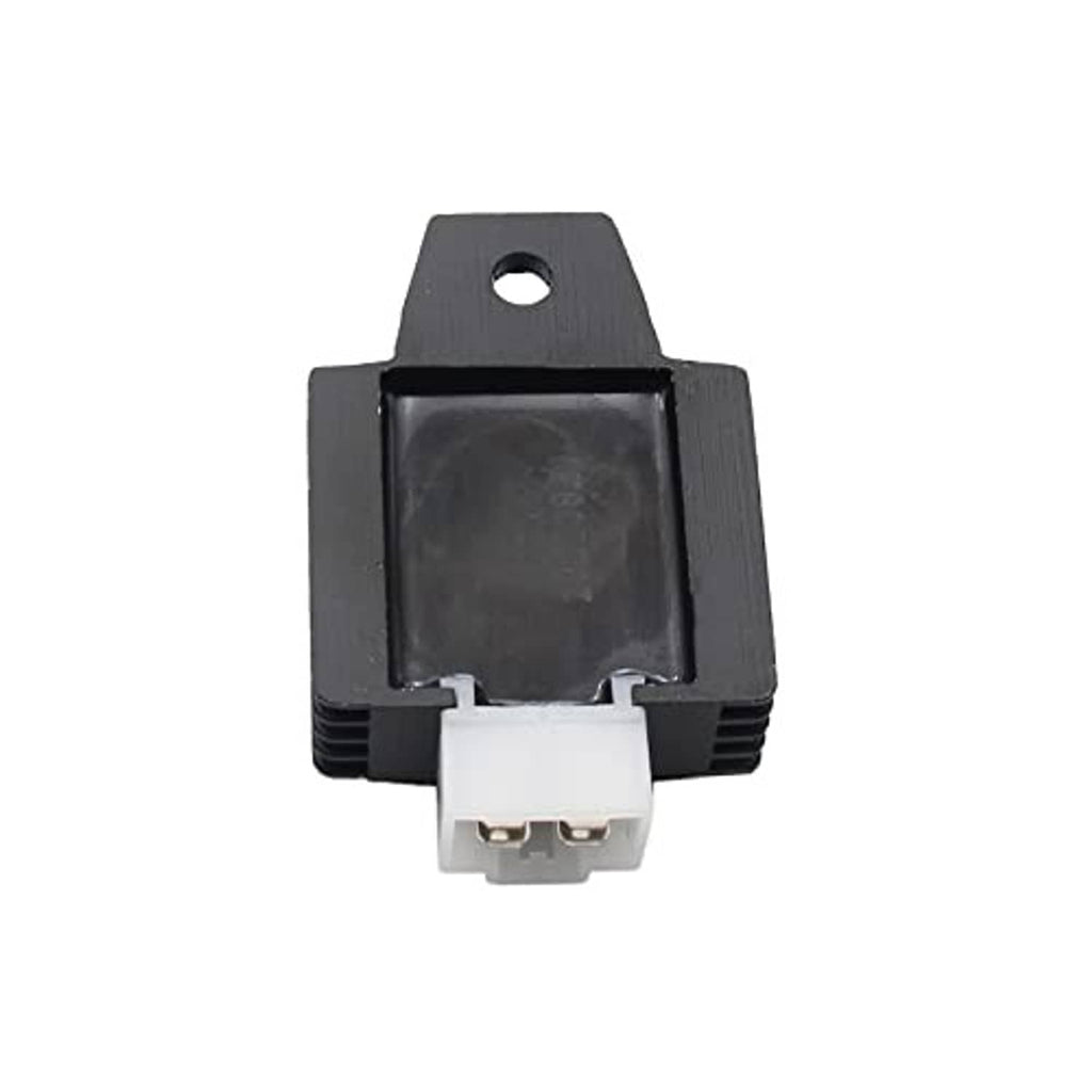 Black voltage rectifier regulator viewed from front with mounting hole and white 4-pin base.