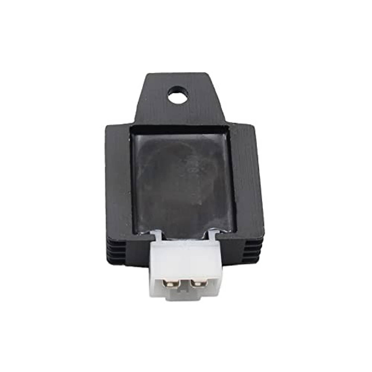 Black voltage rectifier regulator viewed from front with mounting hole and white 4-pin base.