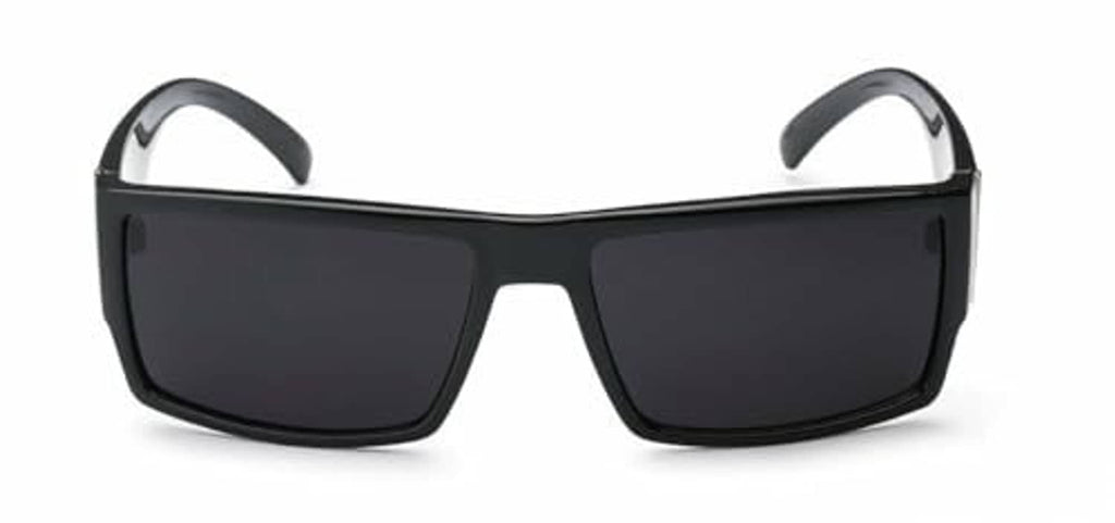 Black rectangular sunglasses front view with dark lenses and gray temple arms