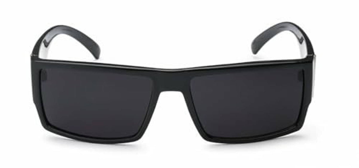 Black rectangular sunglasses front view with dark lenses and gray temple arms