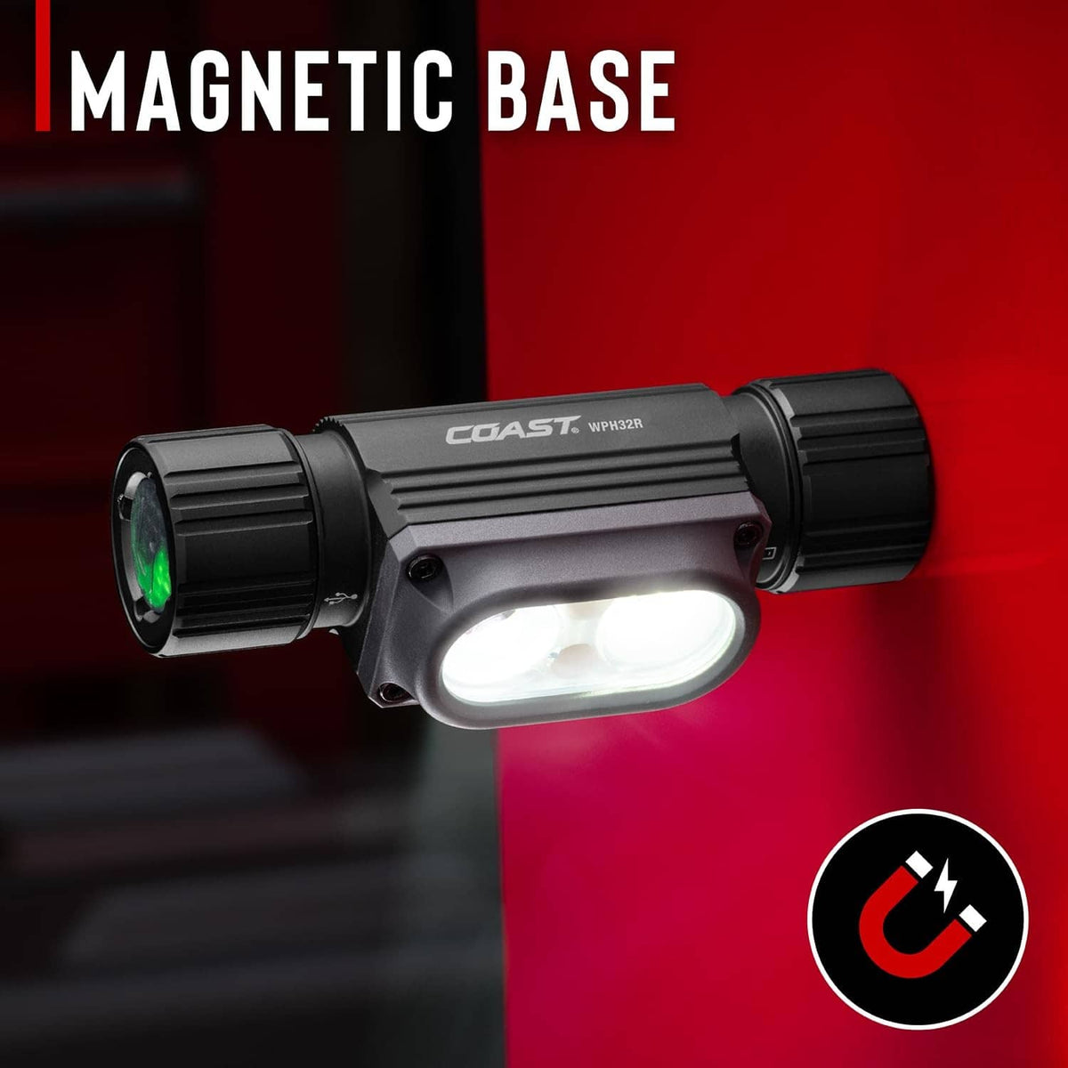 Rechargeable magnetic base headlamp with green lens and white front beam