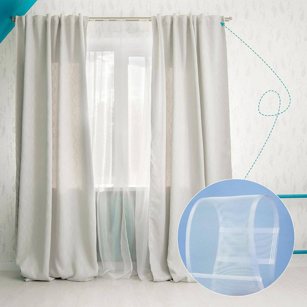 White translucent curtain pleating tape, inset circle highlights mesh and guide lines