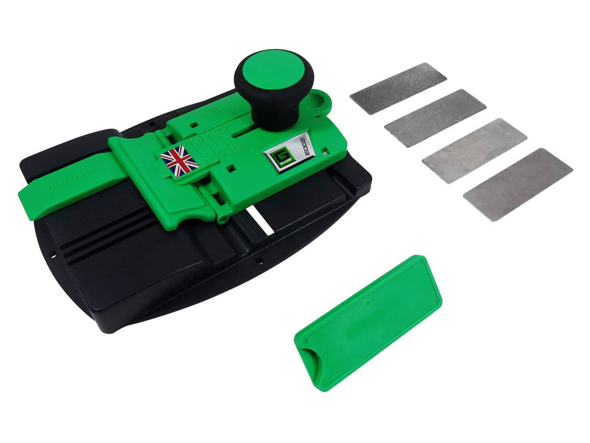 Green and black chisel edge sharpener with handle and diamond sharpening hones