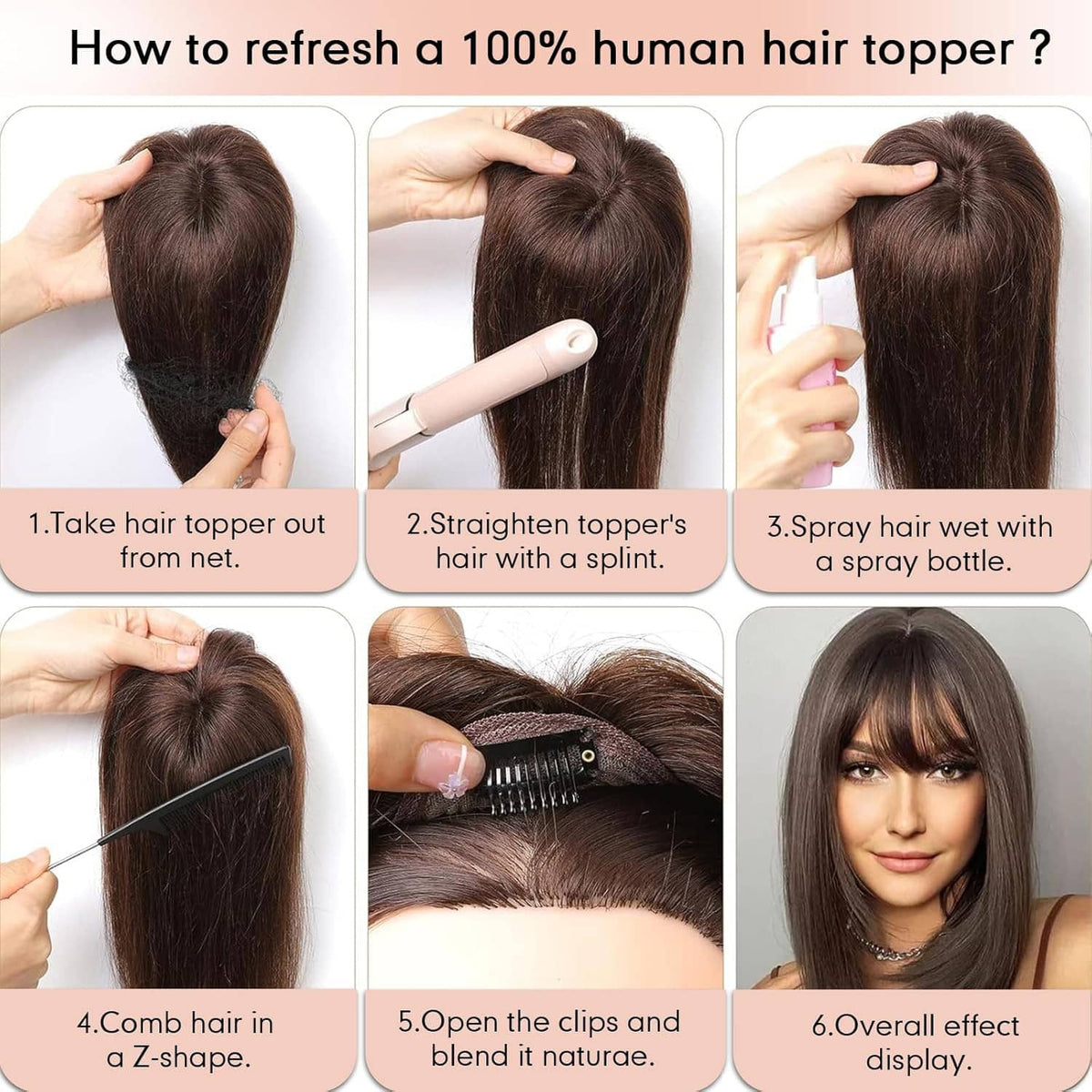 Hair topper refresh process showing smoothing, spraying, clipping, and final styling