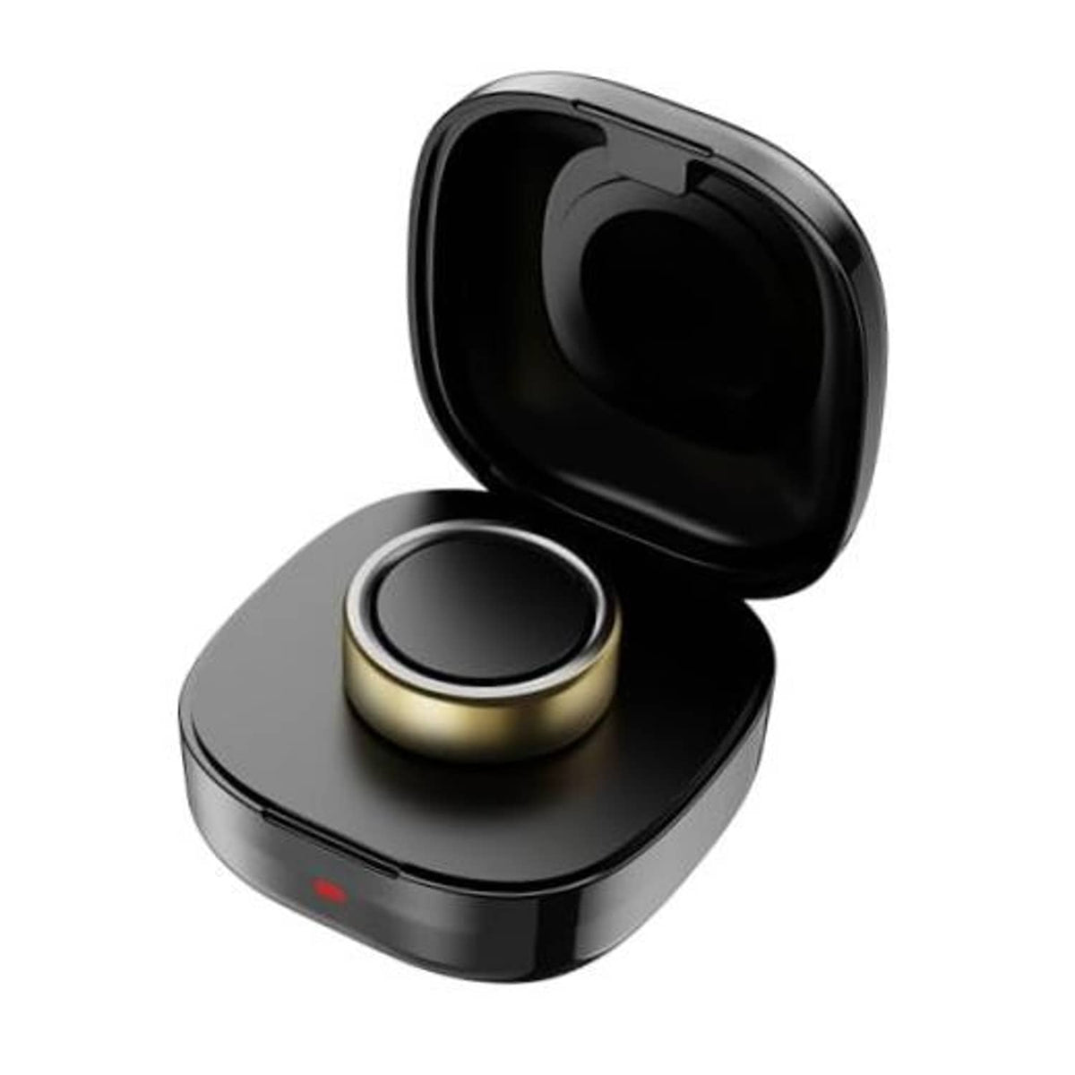 Black wireless charging case with open lid and gold ring charging dock