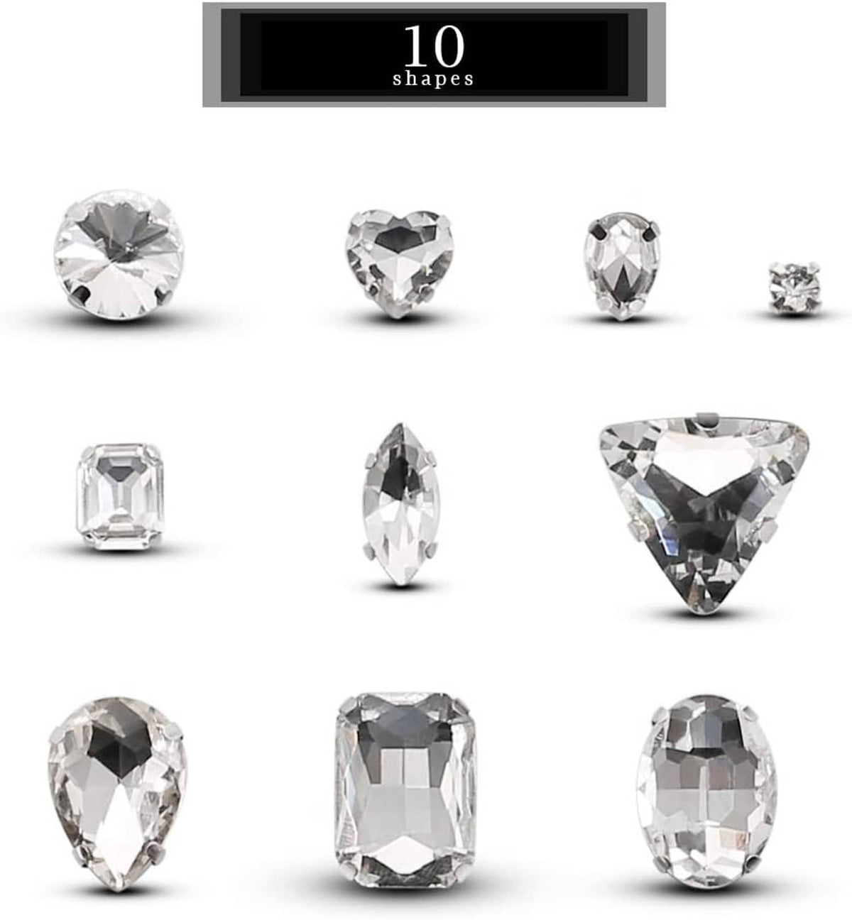 Assorted clear rhinestone studs in heart, round, oval, and teardrop shapes