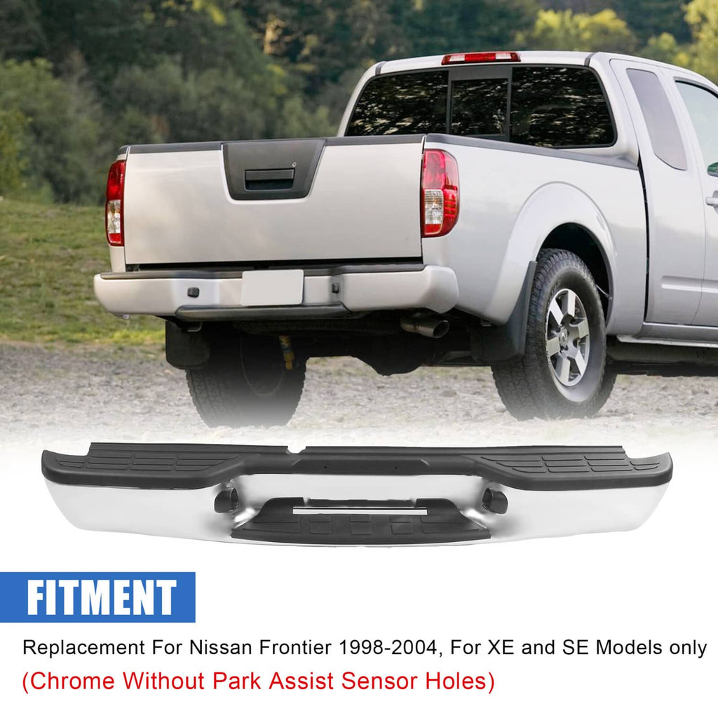 Rear step bumper assembly installed on a pickup truck, black step pad with silver accents