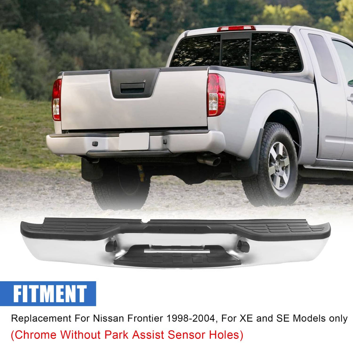 Rear step bumper assembly installed on a pickup truck, black step pad with silver accents