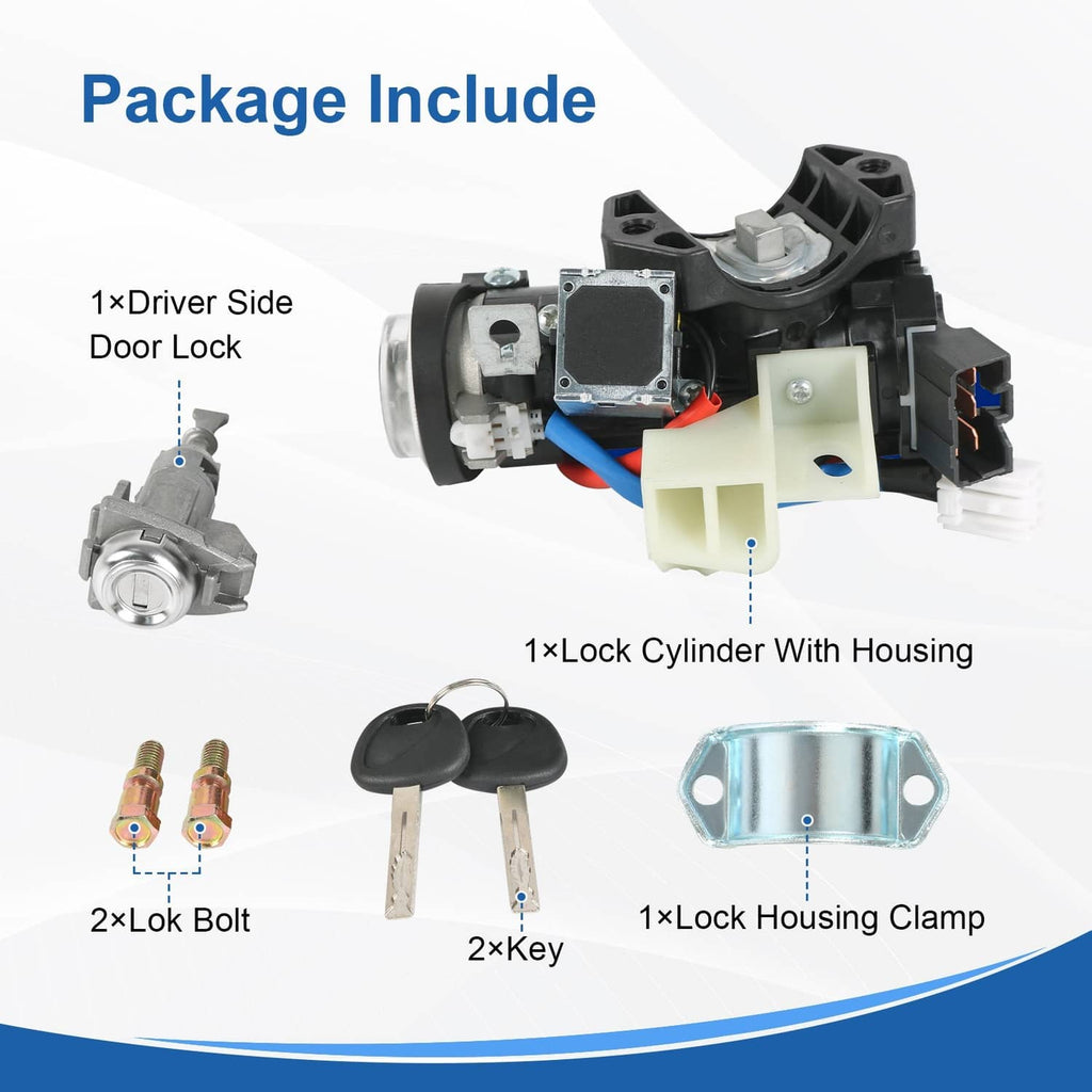 Ignition lock kit package: door lock cylinder, keys, clamp, bolts, and switch assembly