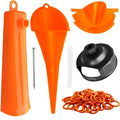 Orange oil fill funnel kit pieces with attached cap and long metal pin for draining