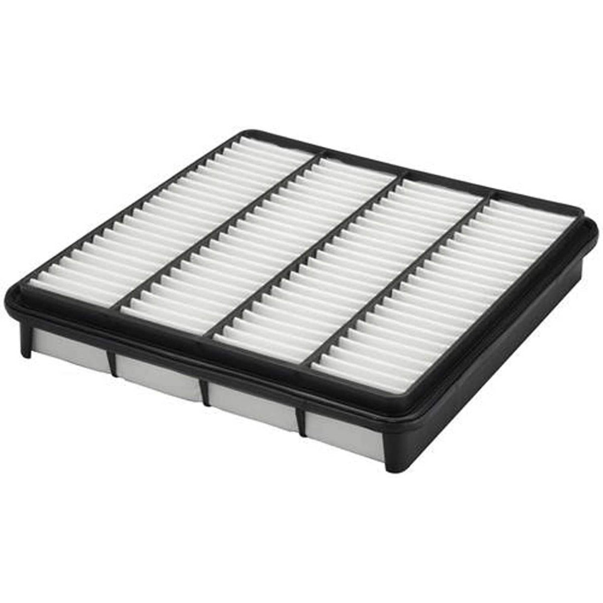 Engine air filter with pleated white media in black rectangular housing