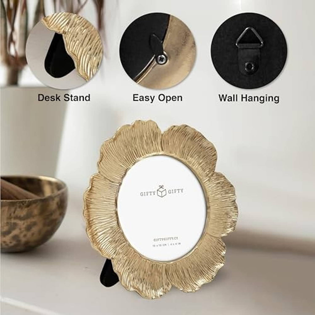 Gold circular floral photo frame with easy-open back and wall hanging hardware.