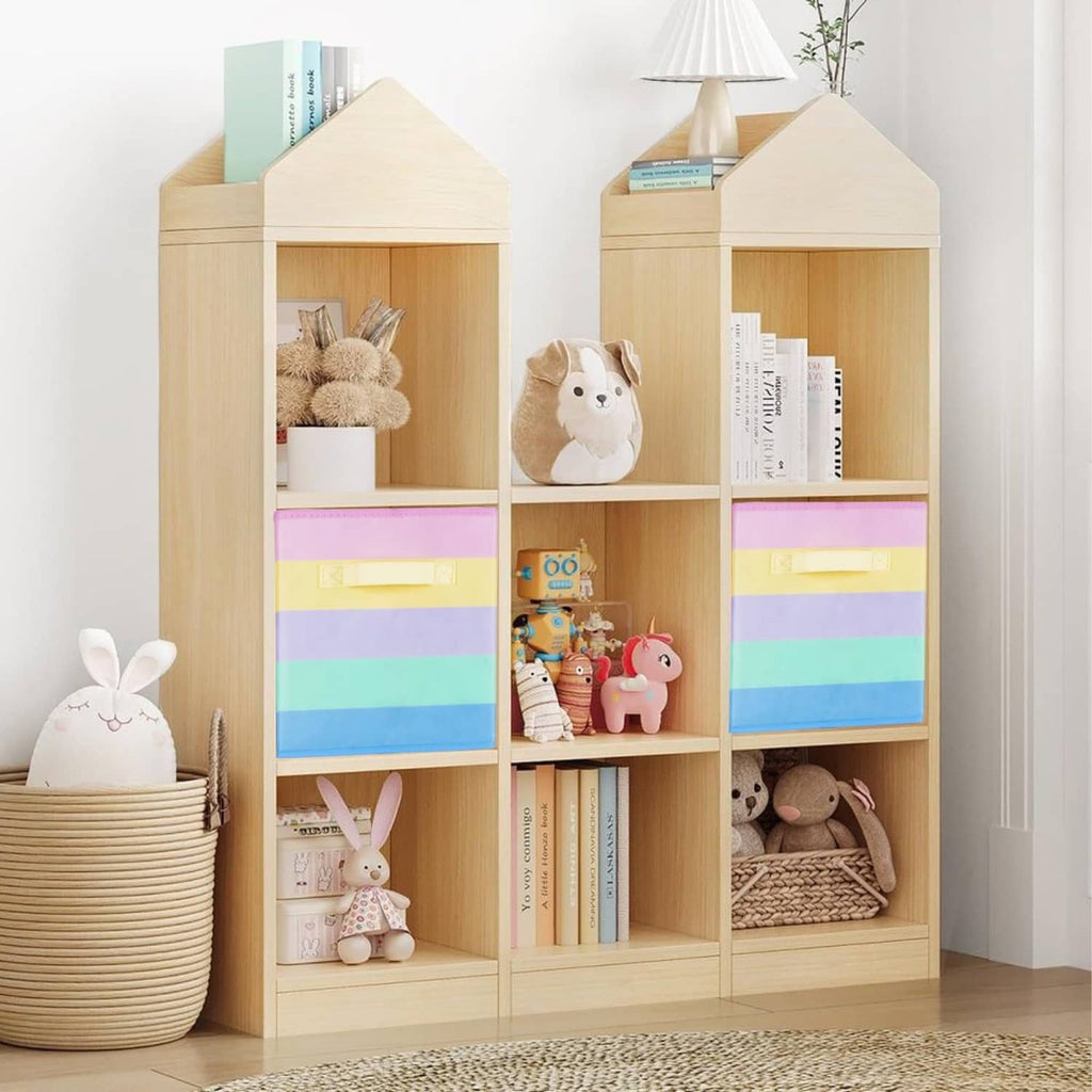 Rainbow fabric storage cubes inside a wooden shelving unit with open cubbies