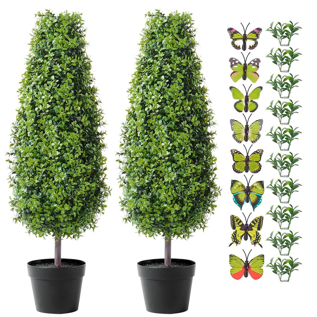 2-pack artificial boxwood topiary trees with butterfly decorations and small faux plants