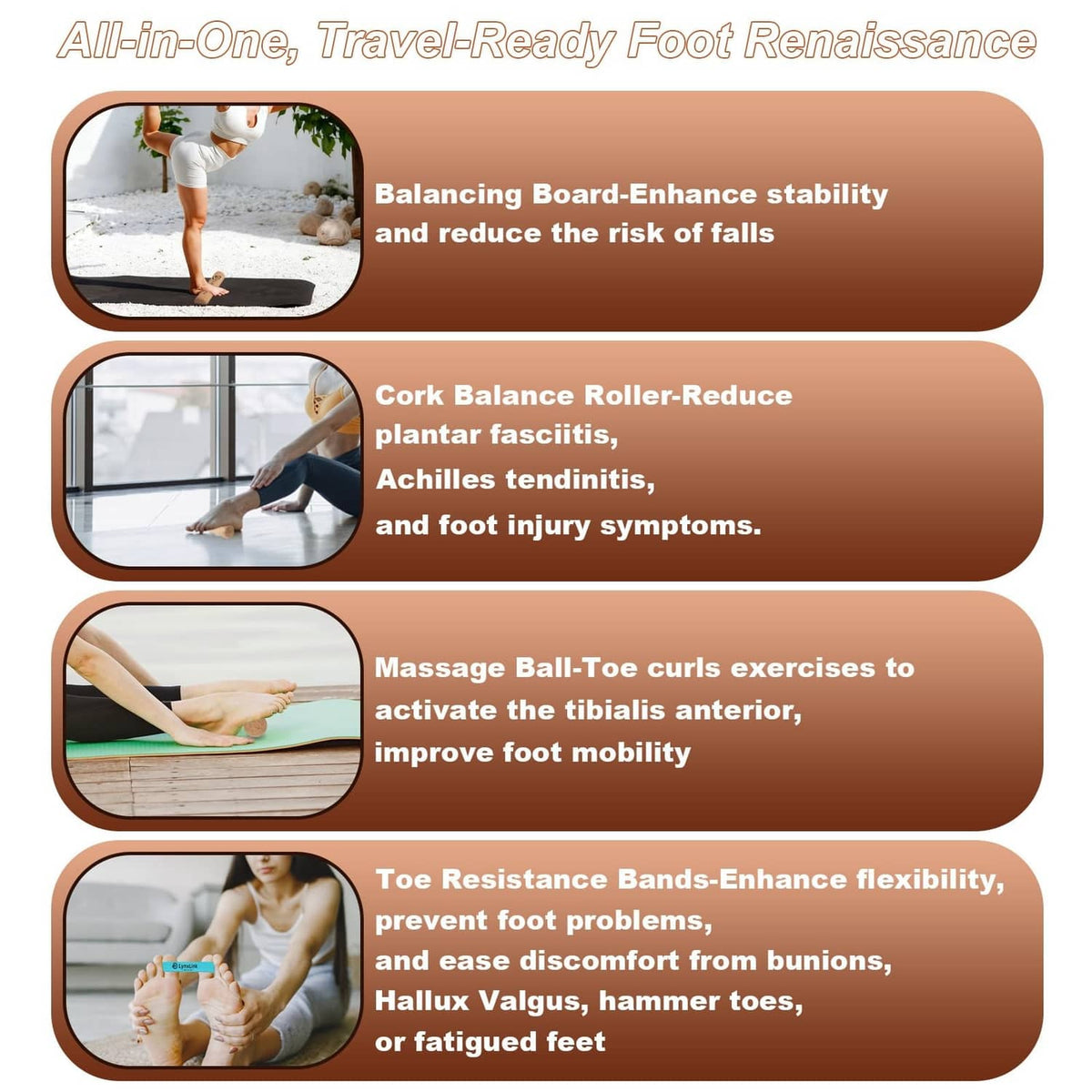 Travel-ready foot training kit: cork balance roller, massage ball, toe resistance bands