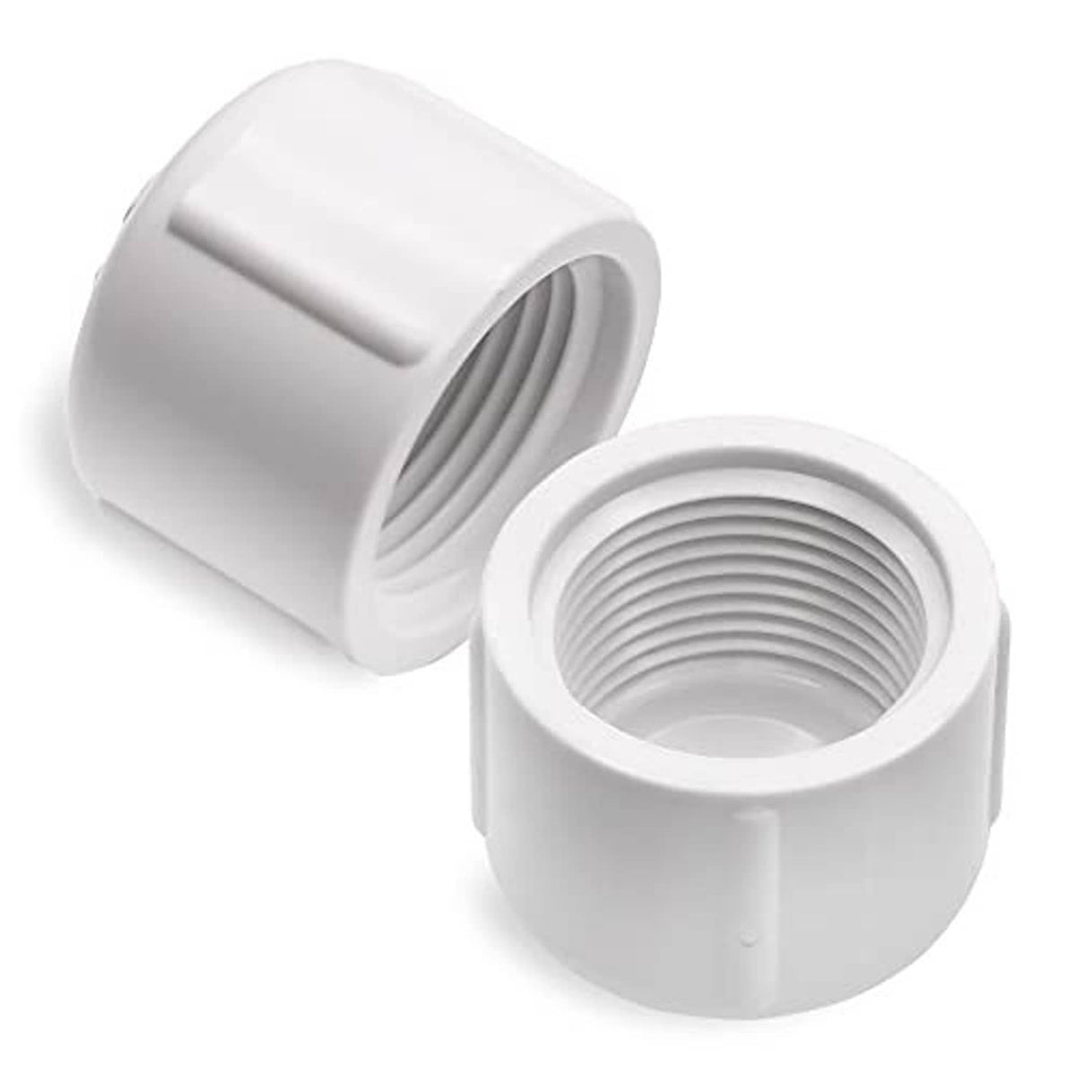 White PVC female pipe cap set, 1/2 in FNPT, two caps with open threaded ends