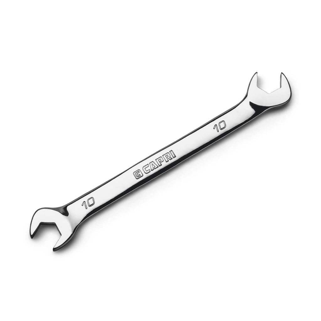 10 mm angle open-end wrench with angled open jaws and stamped size marking