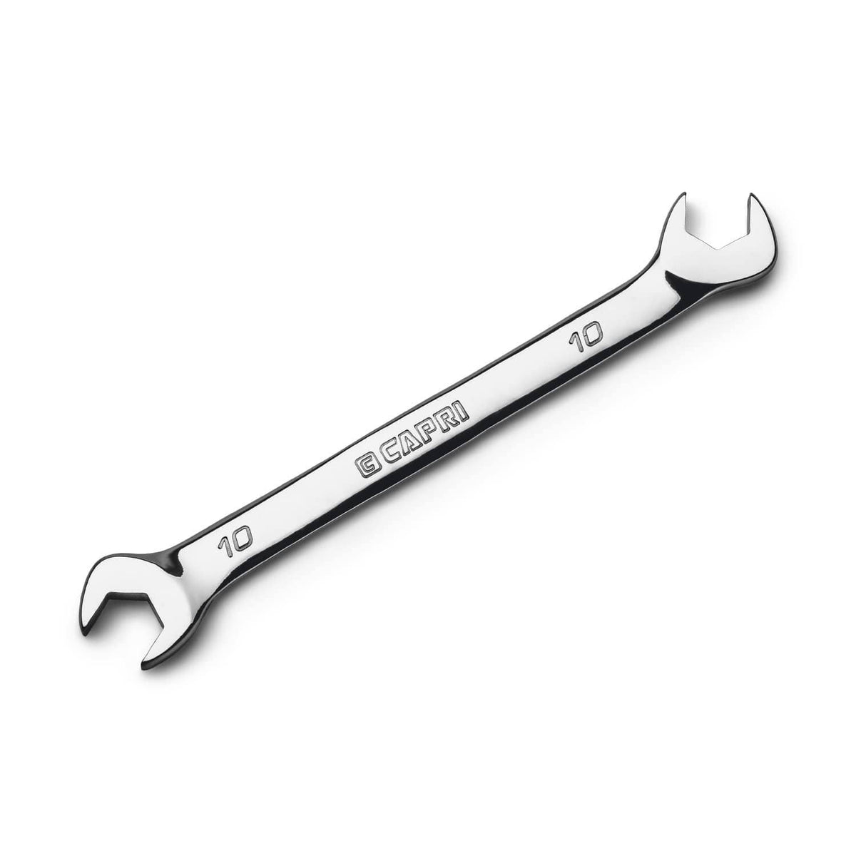 10 mm angle open-end wrench with angled open jaws and stamped size marking