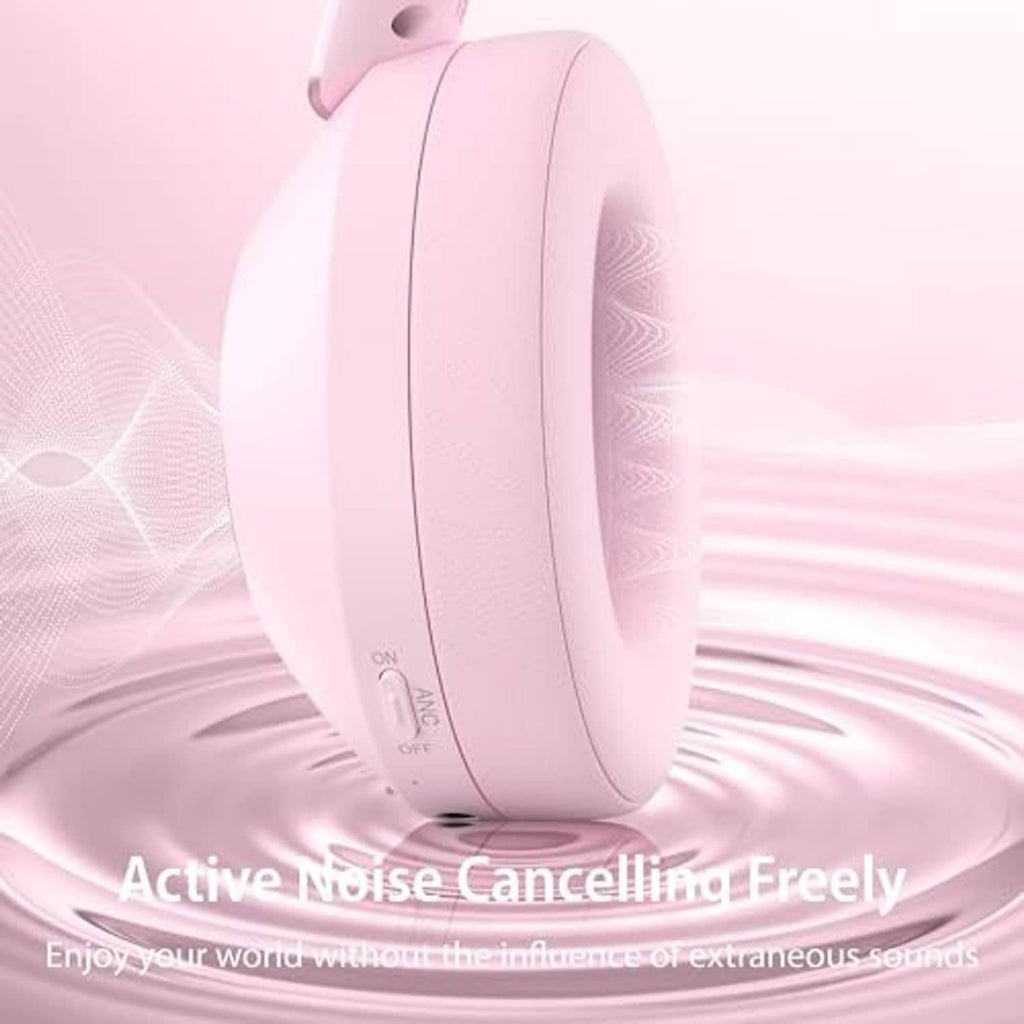 Pink wireless over-ear headphones shown from the side with cushioned ear cup