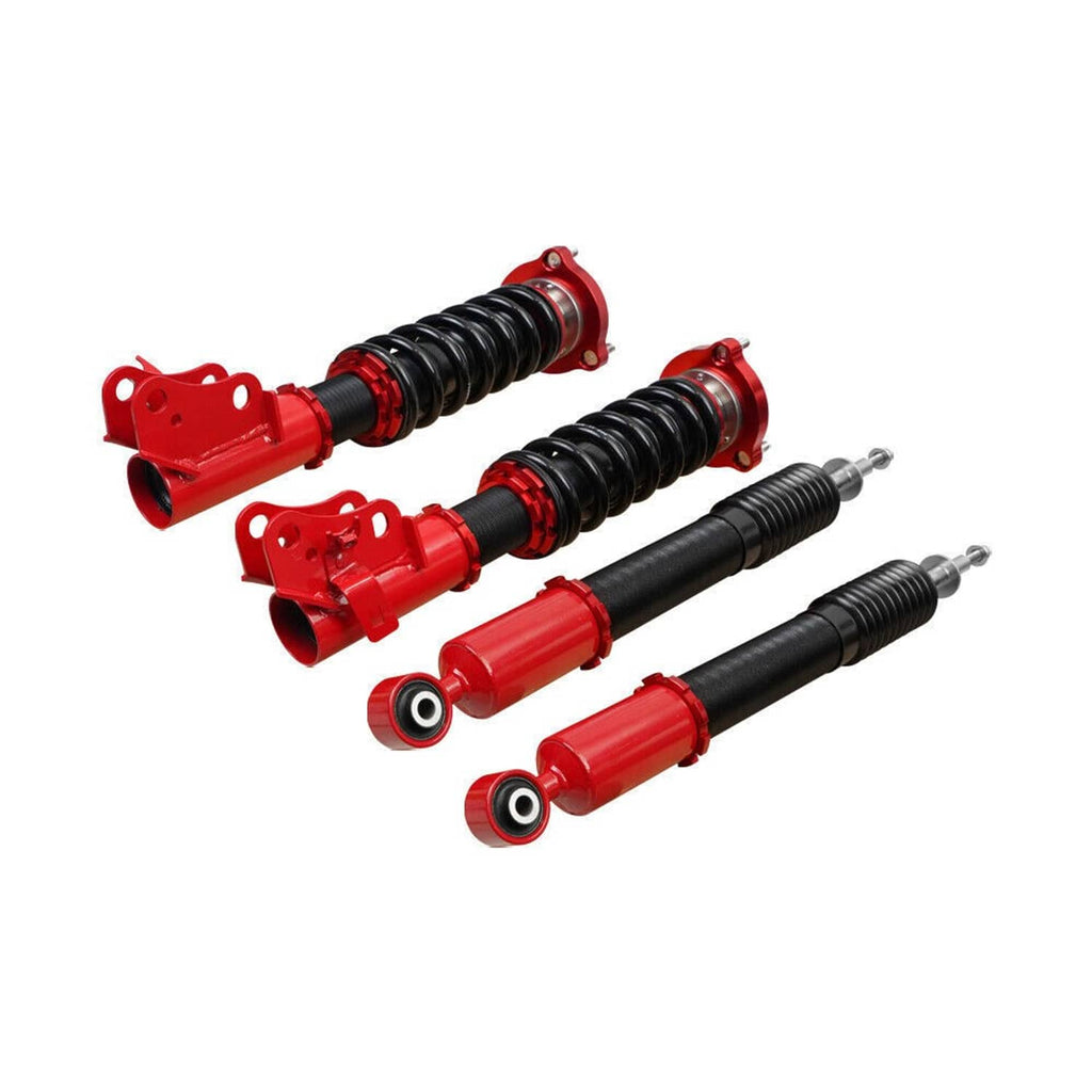 Set of two red coilover shocks with black springs and silver mounting hardware