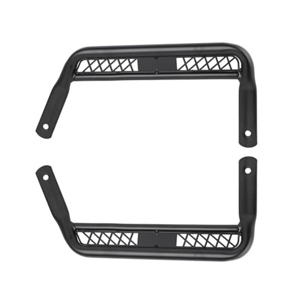 Motorcycle extended footpeg frame pair in black, with side mesh and bolt holes