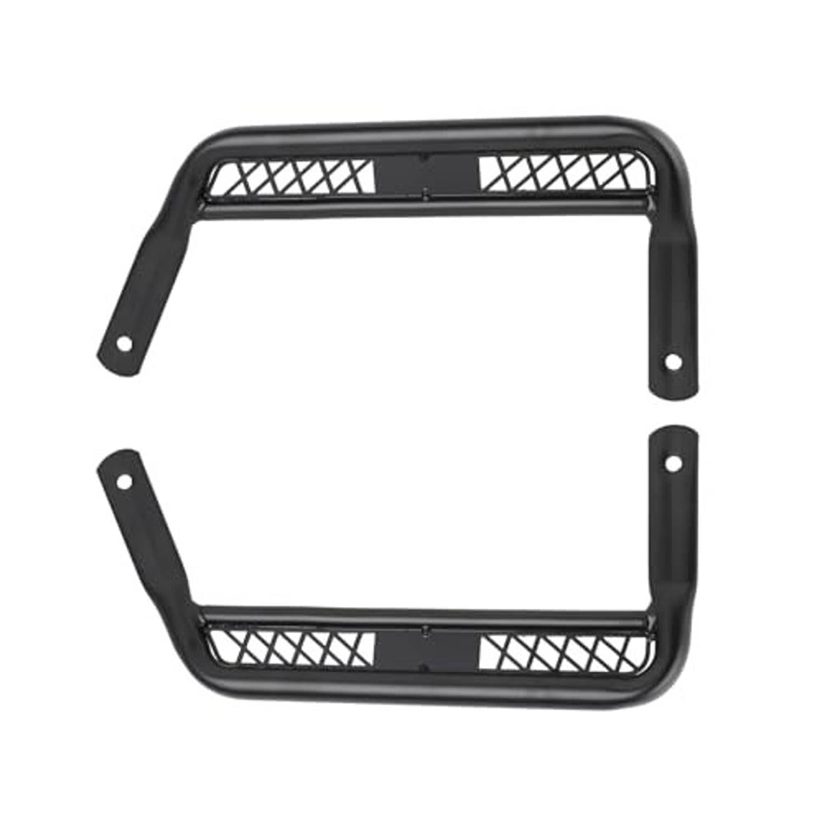 Motorcycle extended footpeg frame pair in black, with side mesh and bolt holes