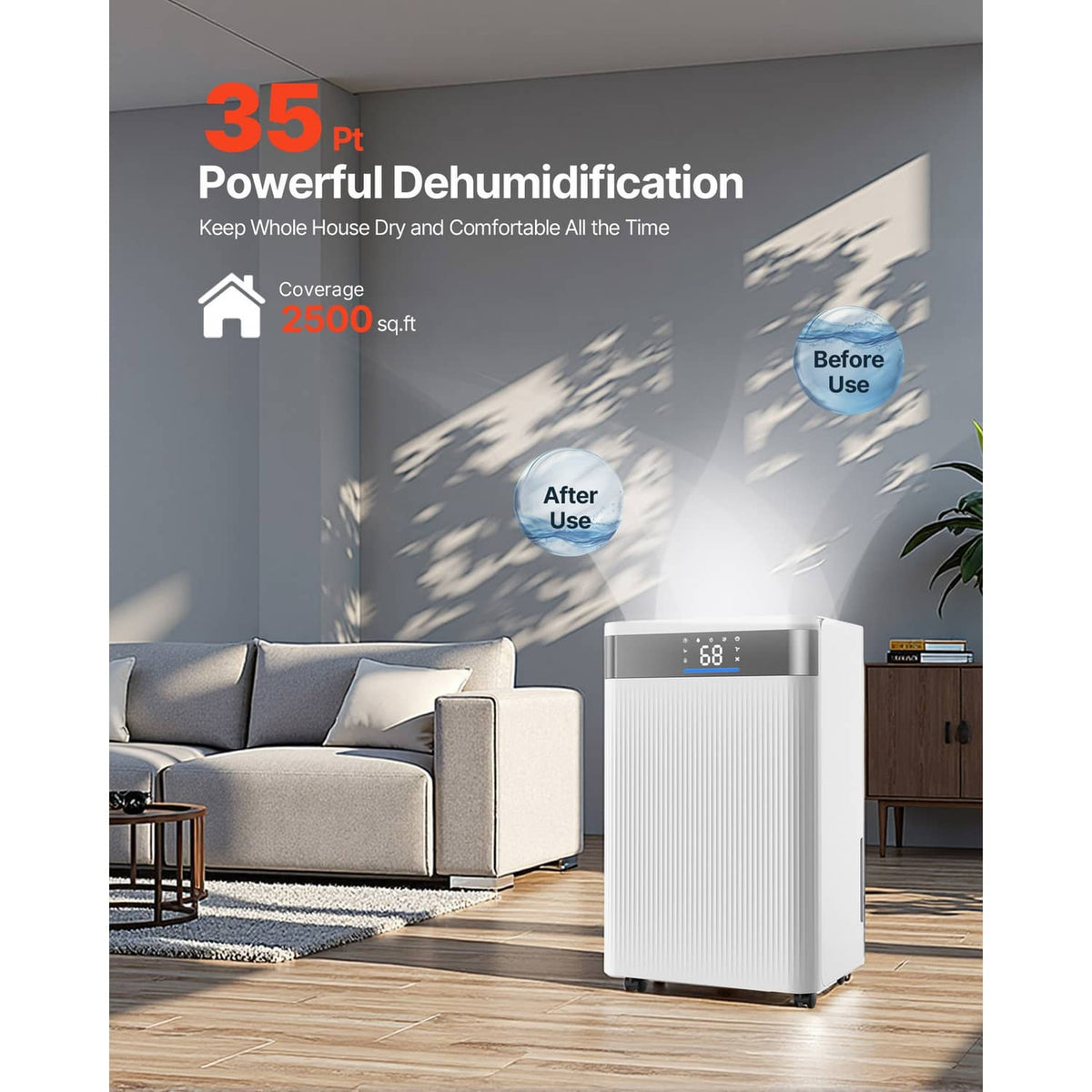 White Uimoso 35-pint dehumidifier standing on wheels with digital humidity display