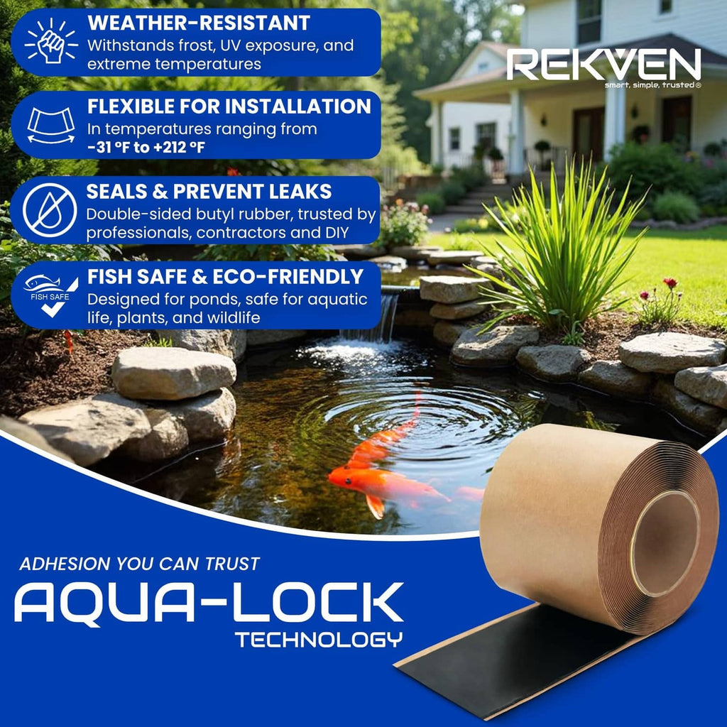 Pond liner seam tape kit with brown roll and black tape for sealing seams
