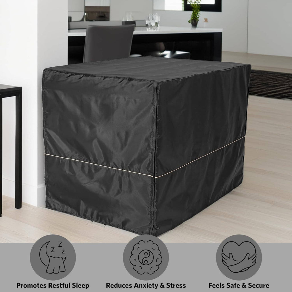 Black crate cover for dog with comfort icons showing on the panel