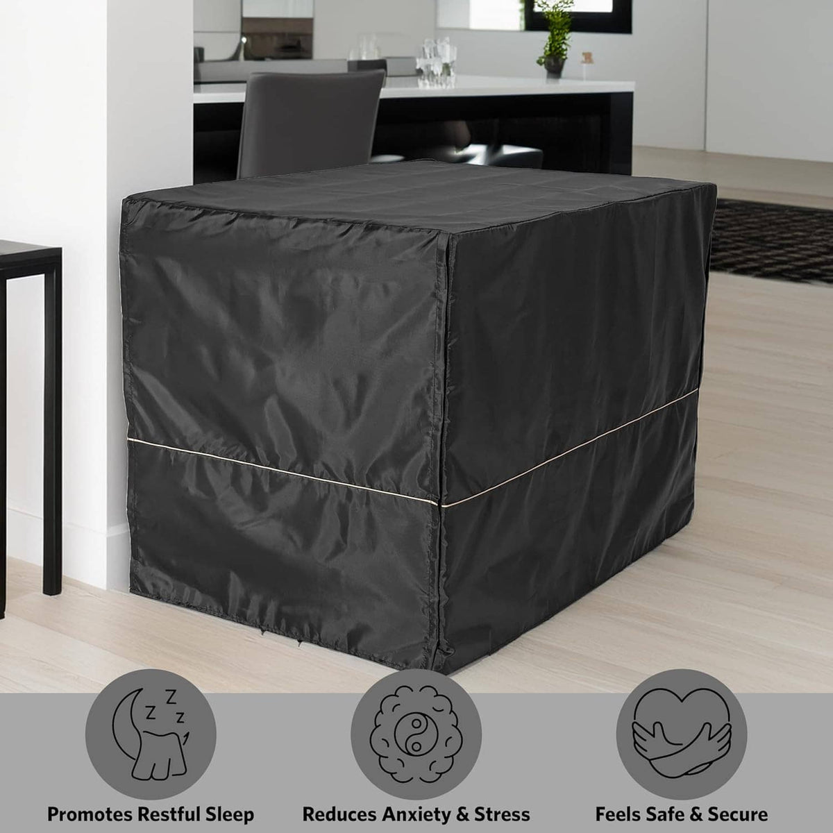 Black crate cover for dog with comfort icons showing on the panel