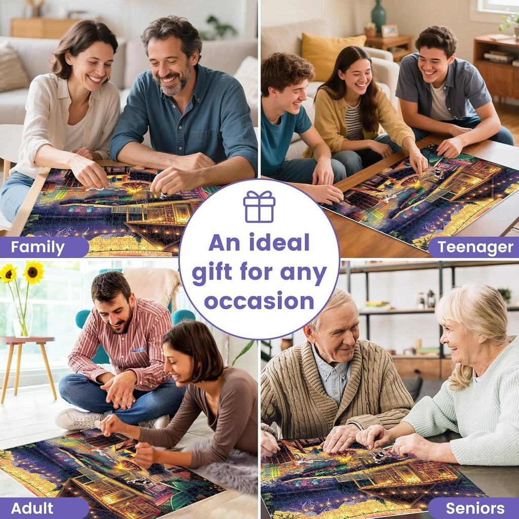 Family and seniors assembling a colorful jigsaw puzzle together on a table