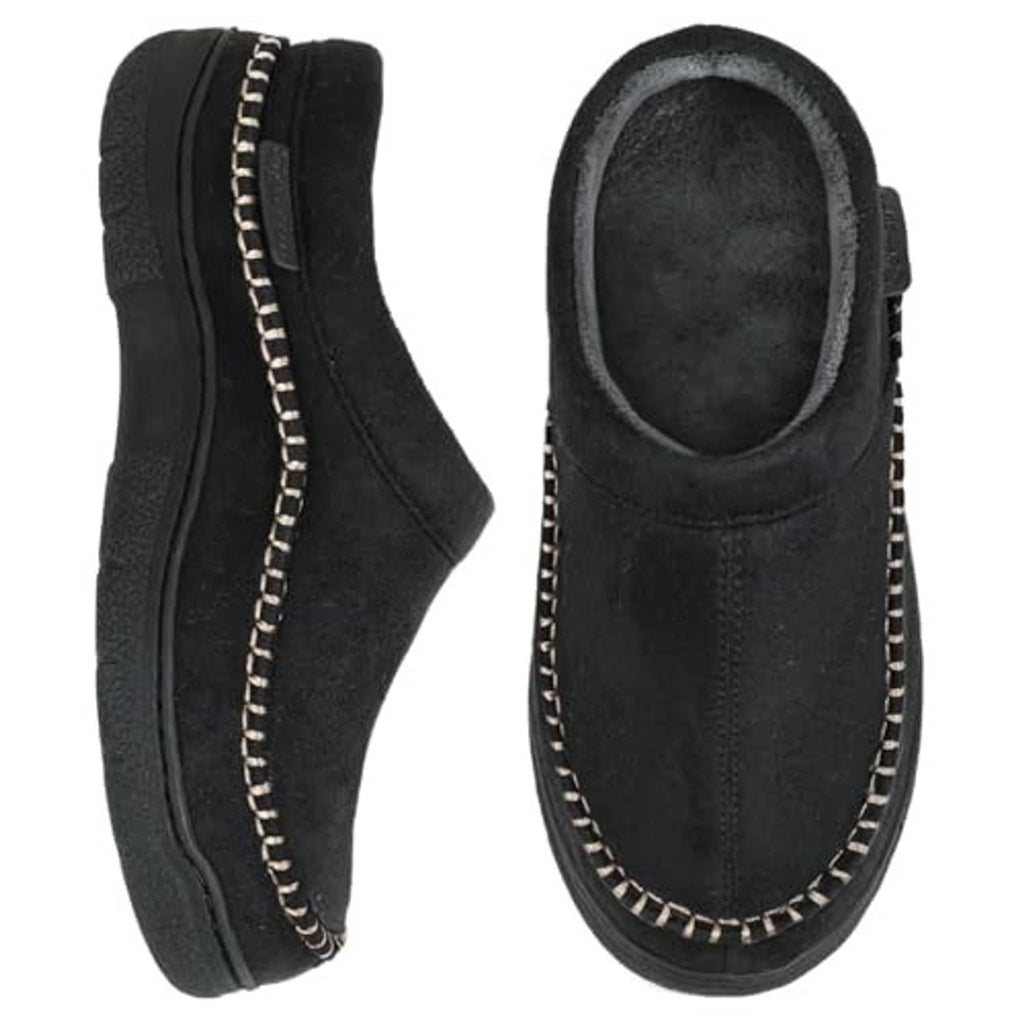 Men's black slip-on moccasin slippers with plush interior and stitched side trim