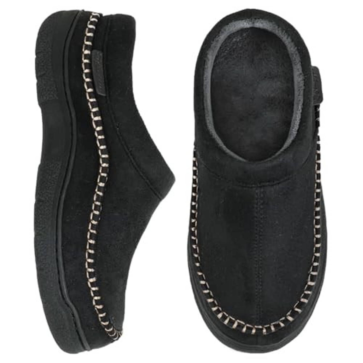 Men's black slip-on moccasin slippers with plush interior and stitched side trim