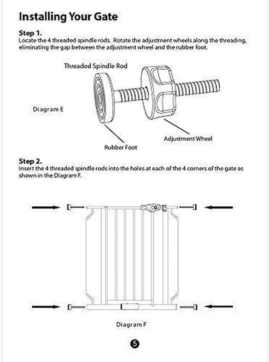 Instruction diagram showing threaded spindle rod, adjustment wheel, and rubber foot parts