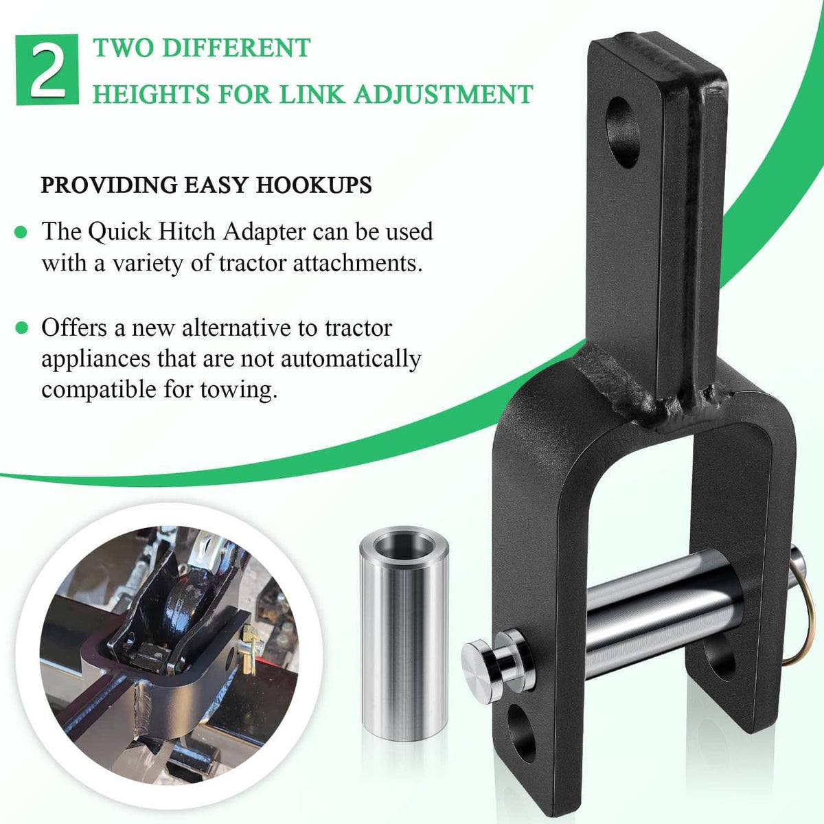 Black quick hitch adapter bracket with adapter sleeve and side mounting hole