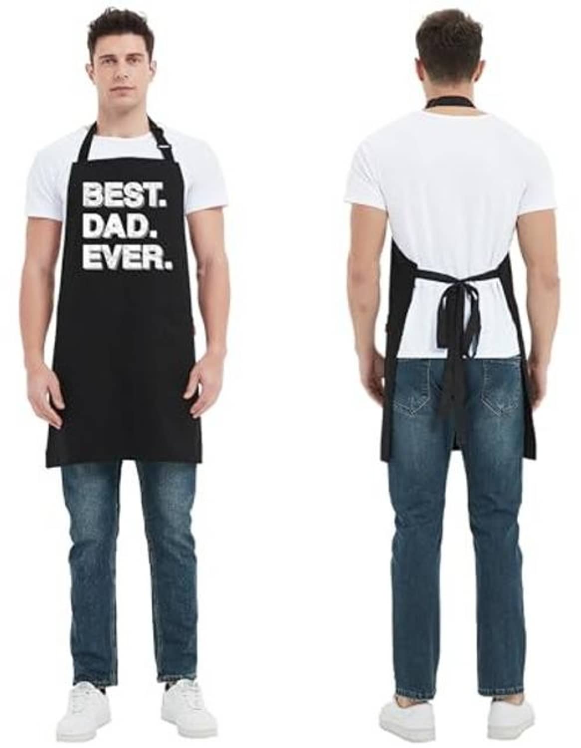 Men’s and boy’s black “Best Dad Ever” aprons with neck straps and tie waist