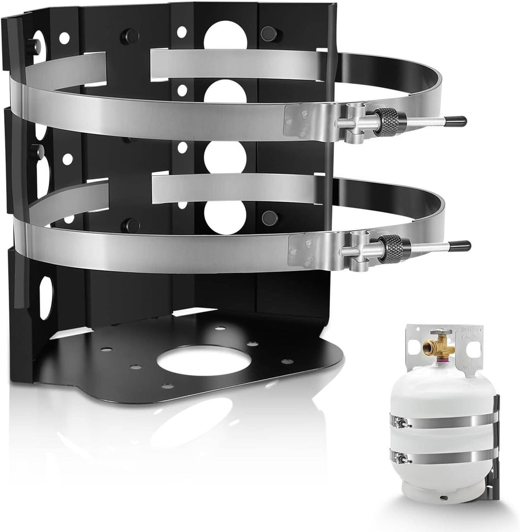 20 lb propane tank mounting bracket with two clamp rings and valve connector.
