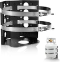 20 lb propane tank mounting bracket with two clamp rings and valve connector.