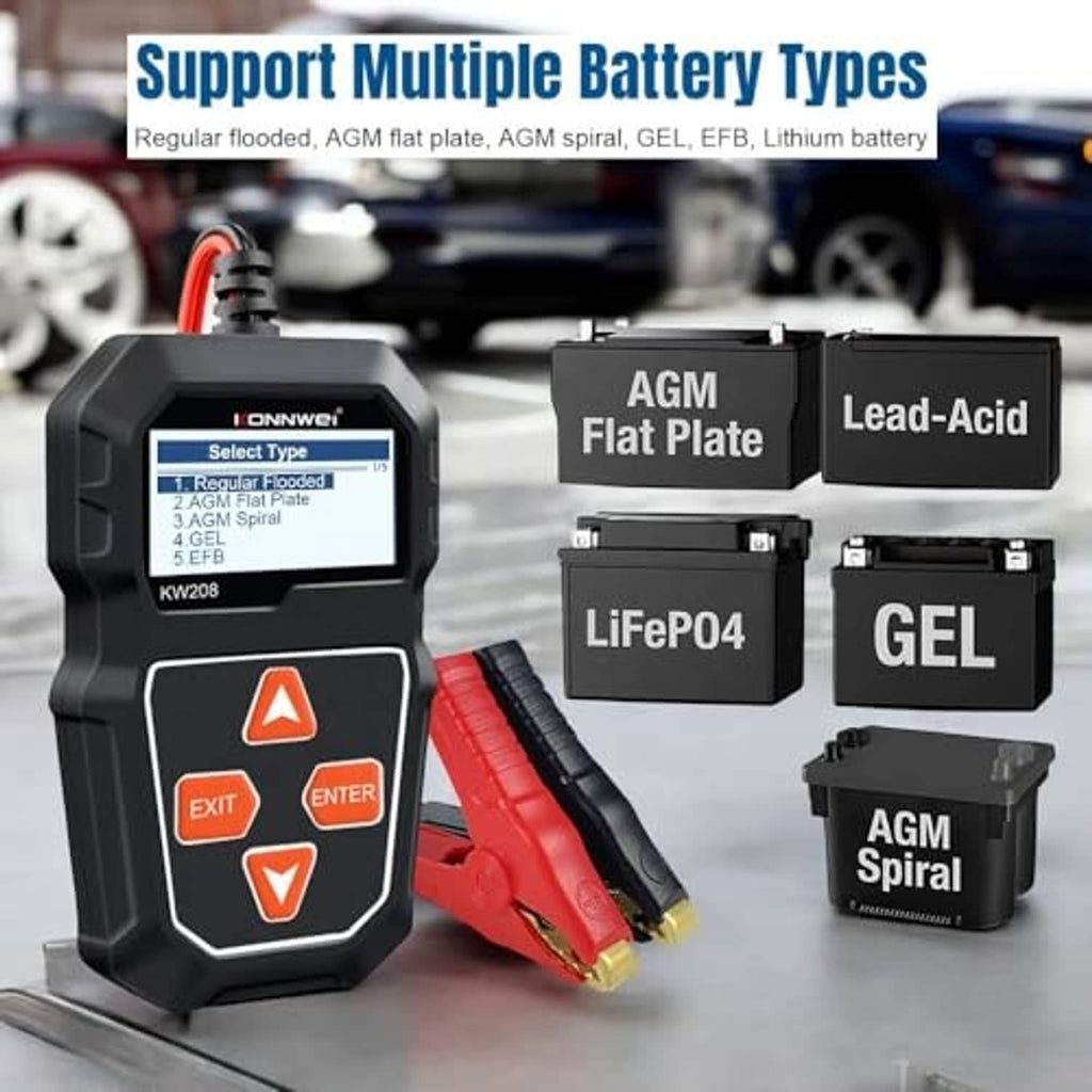 Car battery tester displaying battery types including AGM Flat Plate, Lead-Acid, LiFePO4, GEL